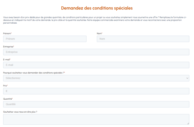 Formulaire de demande de conditions spéciales sur fluid-hub avec des champs pour prénom, nom, entreprise, e-mail, motif de la demande, prix cible et quantité