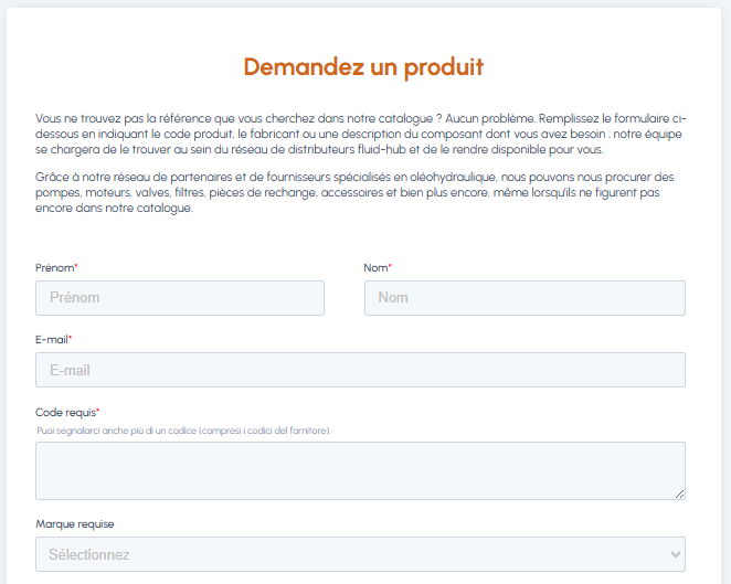 Formulaire Demandez un produit sur fluid-hub avec champs pour prénom, nom, email, code produit requis et marque
