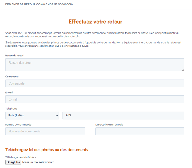 Formulaire Effectuez votre retour sur fluid-hub avec champs pour raison du retour, compagnie, email, téléphone, numéro de commande, date de livraison et téléchargement de photos