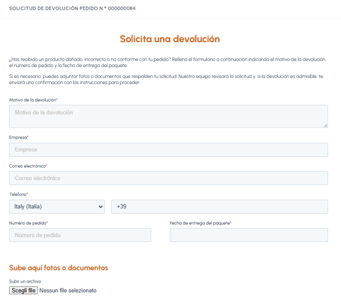 Formulario Solicita una devolución en fluid-hub con campos para motivo de la devolución, empresa, correo electrónico, teléfono, número de pedido, fecha de entrega y subida de fotos