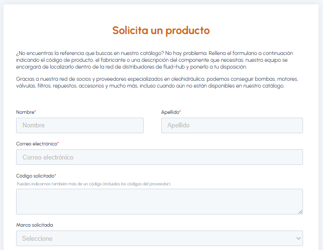 Formulario Solicita un producto en fluid-hub con campos para nombre, apellido, correo electrónico, código de producto solicitado y marca