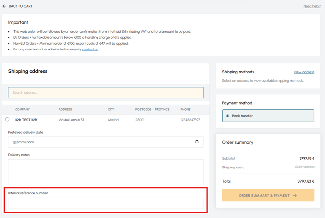 Internal reference number field highlighted on the fluid-hub checkout page to associate a company code with the order