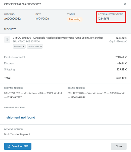 Order details window on fluid-hub with Internal reference number field highlighted, products, total, addresses and shipment tracking