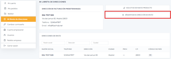 Página Mi libreta de direcciones en fluid-hub con dirección de facturación, lista de direcciones de envío y botón Añadir nueva dirección destacado
