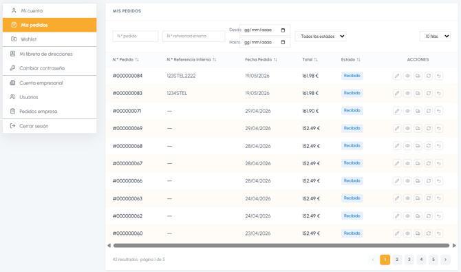 Página Mis pedidos en el área de cuenta fluid-hub con lista de pedidos, filtros por número, fecha y estado, y paginación