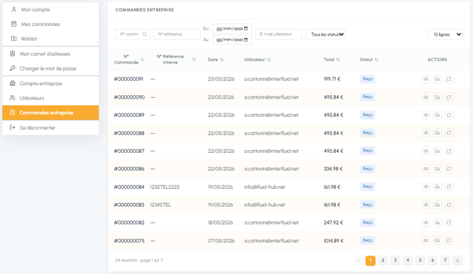 Page Commandes professionnelles sur fluid-hub avec liste des commandes de tous les utilisateurs de l'entreprise, filtres par numéro, référence, date, e-mail utilisateur et statut, et pagination