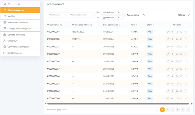 Page Mes commandes dans l'espace compte fluid-hub avec liste des commandes, filtres par numéro, date et statut, et pagination