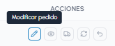 Botón "Modificar pedido" con información sobre la herramienta en la lista de pedidos de fluid-hub
