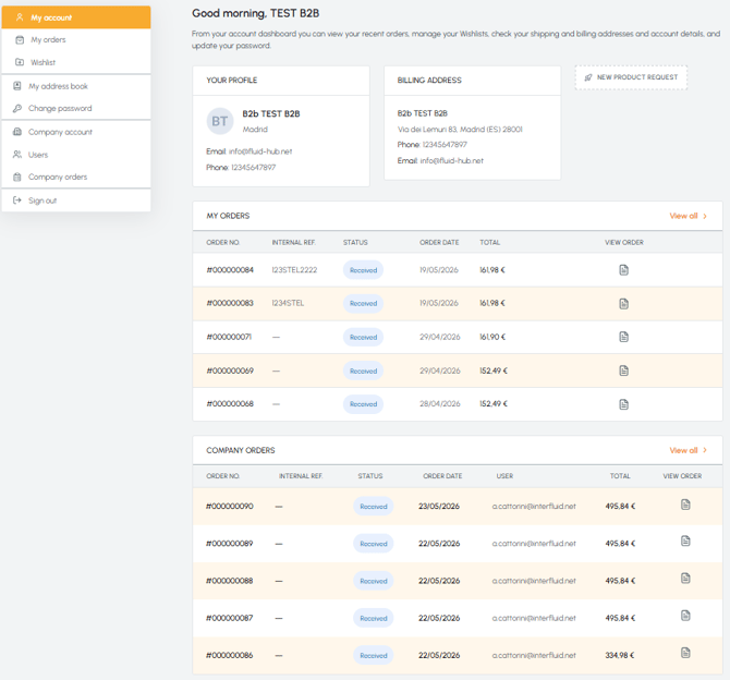 fluid-hub account dashboard with user profile, billing address, personal orders and company orders overview