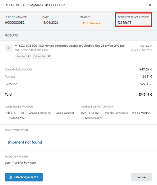Fenêtre de détail de commande sur fluid-hub avec champ Numéro de référence interne mis en évidence, produits, total, adresses et suivi de l'expédition