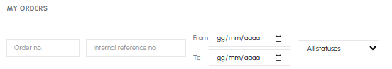 Order search filter bar on fluid-hub with fields for order number, internal reference, status and dates