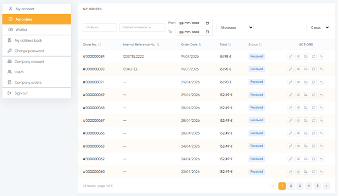 My orders page in the fluid-hub account area with filter by internal reference number