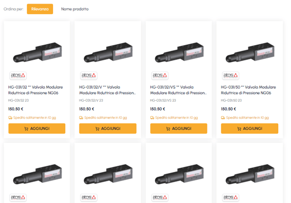 Product grid on fluid-hub with sorting options by relevance and by product name, product cards with price and "Add to cart" button