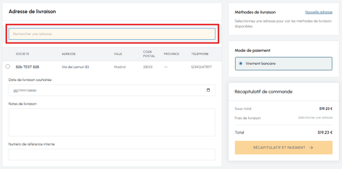 Page panier fluid-hub avec produits, quantités, modes d'expédition, lien « Nouvelle adresse » mis en évidence et récapitulatif de la commande