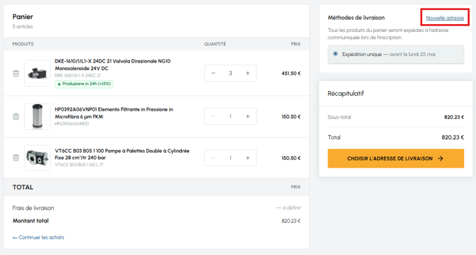 Page panier fluid-hub avec produits, quantités, modes d'expédition, lien « Nouvelle adresse » mis en évidence et récapitulatif de la commande