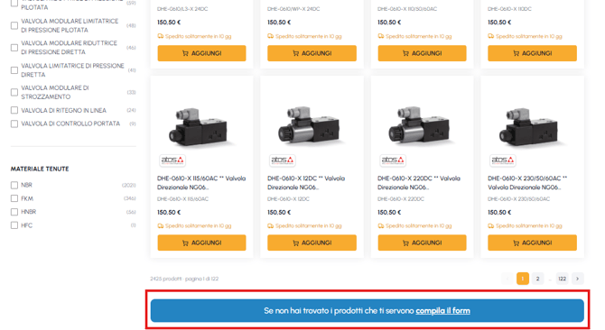 Parte inferiore di una pagina categoria su fluid-hub con il banner "Se non hai trovato i prodotti che ti servono compila il form" evidenziato in rosso