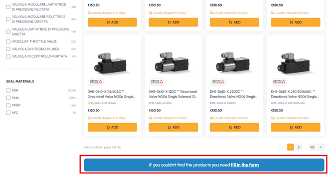 Bottom part of a category page on fluid-hub with the "If you haven't found the products you need, fill in the form" banner highlighted in red