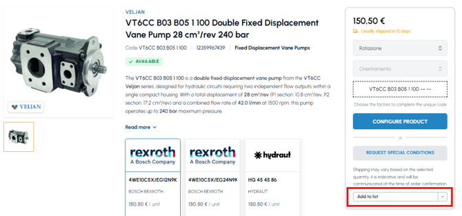 Veljan vane pump product page on fluid-hub with Add to list button highlighted to save the product in the wishlist