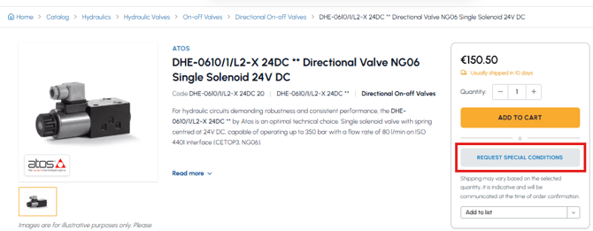Product page on fluid-hub with the "Request special conditions" button highlighted in red