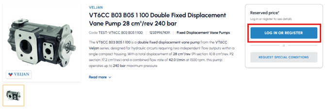 Product page for Veljan vane pump on fluid-hub with reserved price and highlighted "Log in or sign up" button