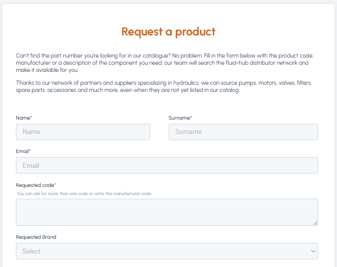 fluid-hub Request a product form with fields for name, surname, email, requested product code and brand