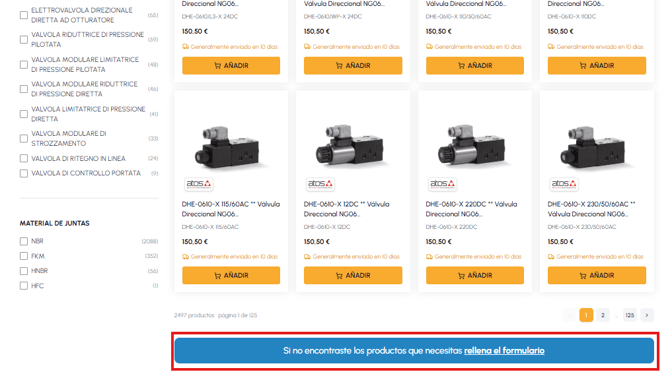 Parte inferior de una página de categoría en fluid-hub con el banner «Si no has encontrado los productos que necesitas, rellena el formulario» destacado en rojo
