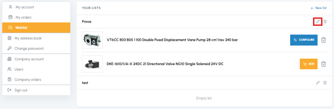 Wishlist page on fluid-hub with edit list name icon highlighted next to the Test list