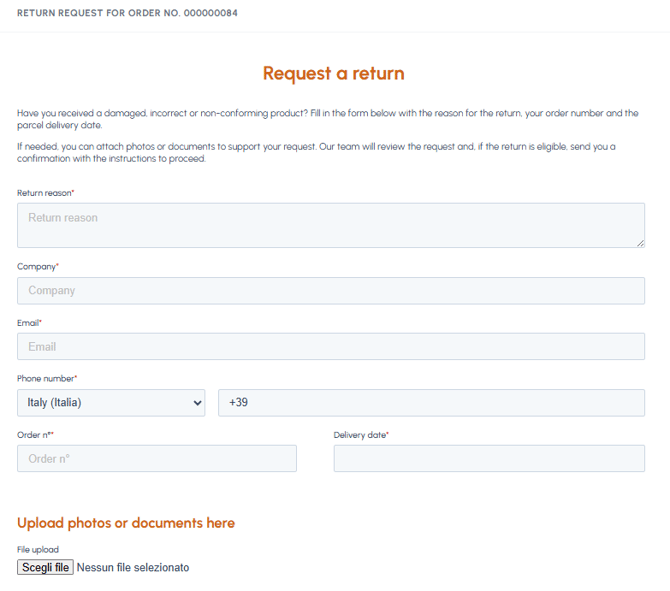 Request a return form on fluid-hub with fields for return reason, company, email, phone number, order number, delivery date and photo or document upload