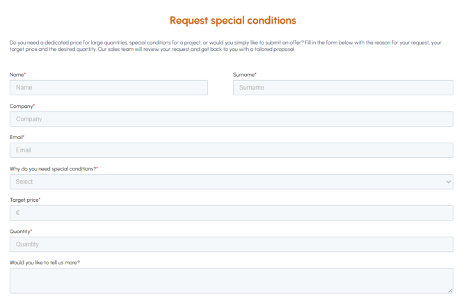 Request special conditions form on fluid-hub with fields for first name, last name, company, email, reason for the request, target price and quantity