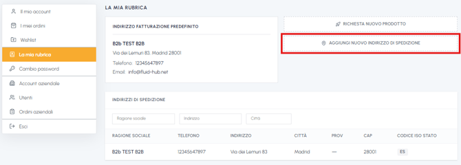 Pagina La mia rubrica su fluid-hub con indirizzo di fatturazione predefinito, elenco indirizzi di spedizione e pulsante Aggiungi nuovo indirizzo di spedizione evidenziato
