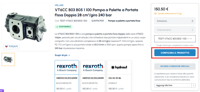 Scheda prodotto pompa a palette Veljan su fluid-hub con selezione varianti rotazione e orientamento, pulsante Configura il prodotto evidenziato e prodotti correlati