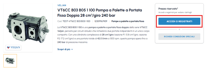 Scheda prodotto pompa a palette Veljan su fluid-hub con prezzo riservato e pulsante Accedi o registrati evidenziato