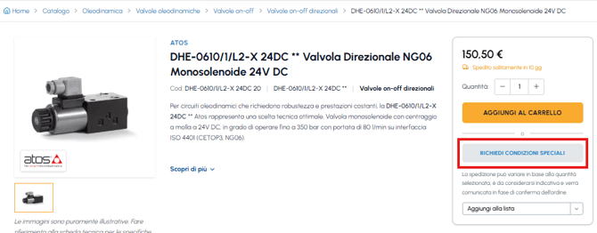 Scheda prodotto su fluid-hub con il pulsante "Richiedi condizioni speciali" evidenziato in rosso
