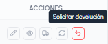 Botón «Solicitar devolución» con información sobre la herramienta en la lista de pedidos de fluid-hub