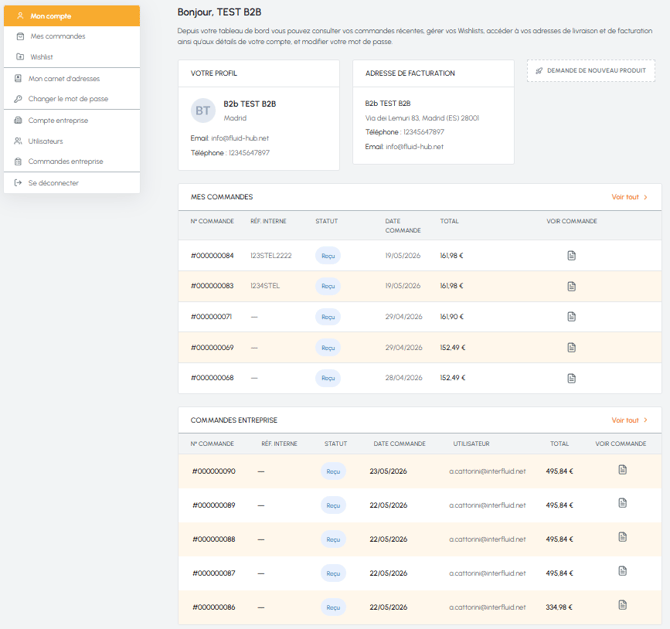 Tableau de bord du compte fluid-hub avec profil utilisateur, adresse de facturation, commandes personnelles et commandes entreprise