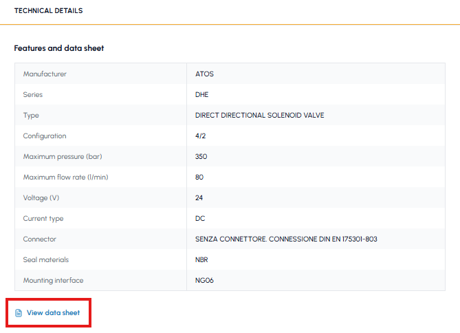 Technical details section of a product page on fluid-hub with a table of technical characteristics and the link to view the technical data sheet highlighted in red