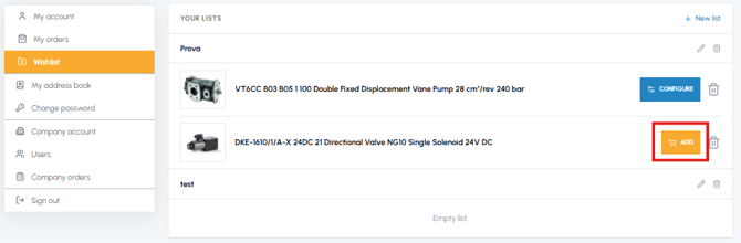 Wishlist page on fluid-hub with Add to cart button highlighted for the filter element