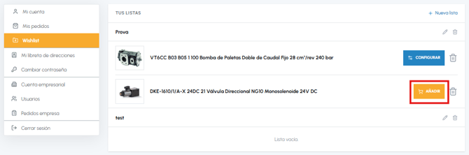 Página Wishlist de fluid-hub con botón Añadir al carrito destacado para el elemento filtrante