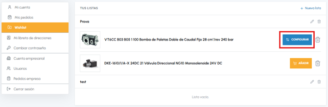 Página Wishlist de fluid-hub con botón Configurar destacado para el producto que requiere selección de variantes