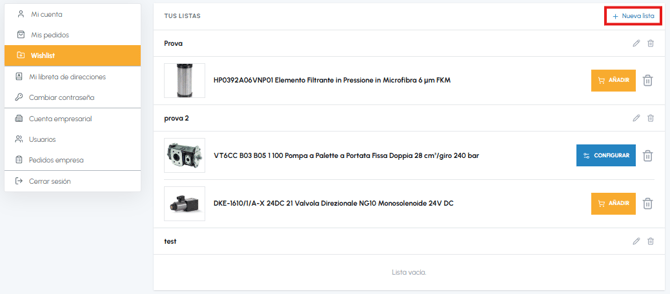 Página Wishlist de fluid-hub con botón Nueva lista destacado para crear una lista de productos adicional