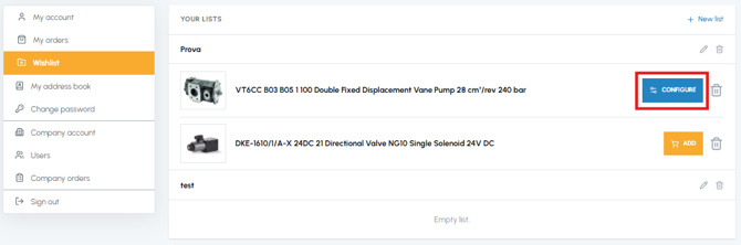 Wishlist page on fluid-hub with Configure button highlighted for the product that requires variant selection