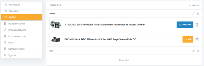 Wishlist page in the fluid-hub account area with list of saved products, configure and add to cart buttons and new list option