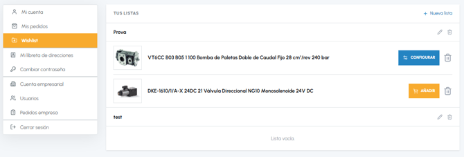 Página Wishlist en el área de cuenta fluid-hub con lista de productos guardados, botones configurar y añadir al carrito y opción nueva lista