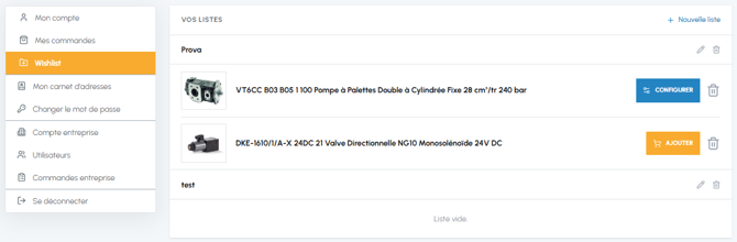 Page Wishlist dans l'espace compte fluid-hub avec liste des produits sauvegardés, boutons configurer et ajouter au panier et option nouvelle liste