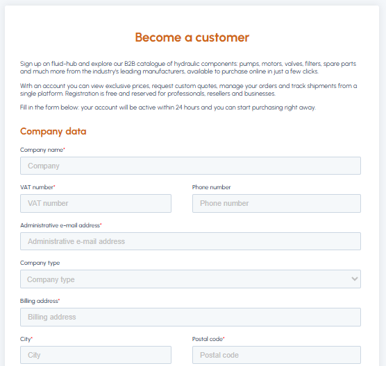 Become a customer registration form on fluid-hub with fields for company details, VAT number, tax code and SDI code