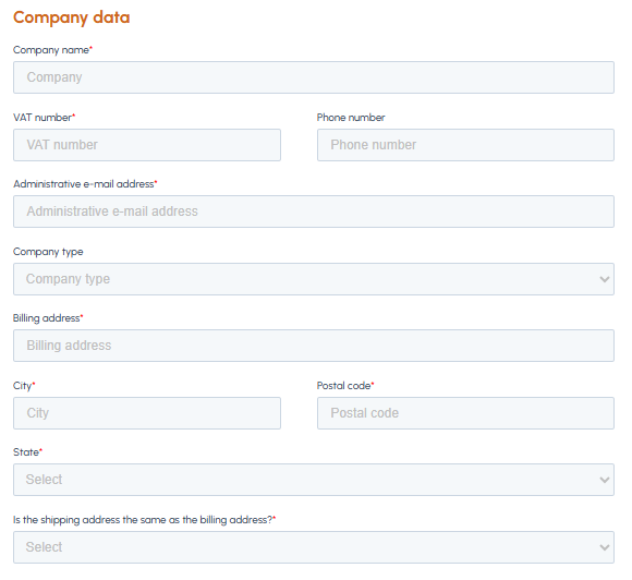 Company data section of fluid-hub registration form with fields for company name, VAT number, phone, email, company type, billing address and shipping address