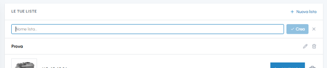 Campo di testo per inserire il nome di una nuova lista nella wishlist di fluid-hub con pulsante Crea