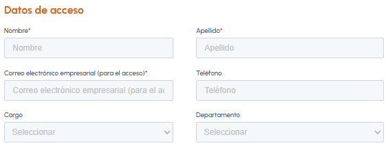 Sección datos de acceso del formulario de registro fluid-hub con campos para nombre, apellido, correo empresarial, teléfono, cargo y departamento