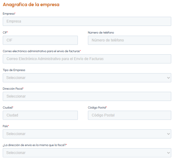 Sección datos de la empresa del formulario de registro fluid-hub con campos para empresa, CIF, teléfono, correo electrónico, tipo de empresa, dirección fiscal y dirección de envío