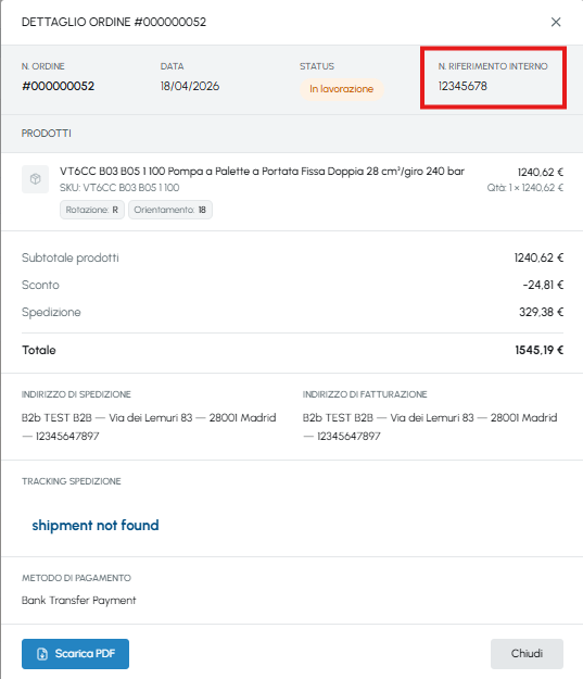 Finestra dettaglio ordine su fluid-hub con campo Numero riferimento interno evidenziato, prodotti, totale, indirizzi e tracking spedizione